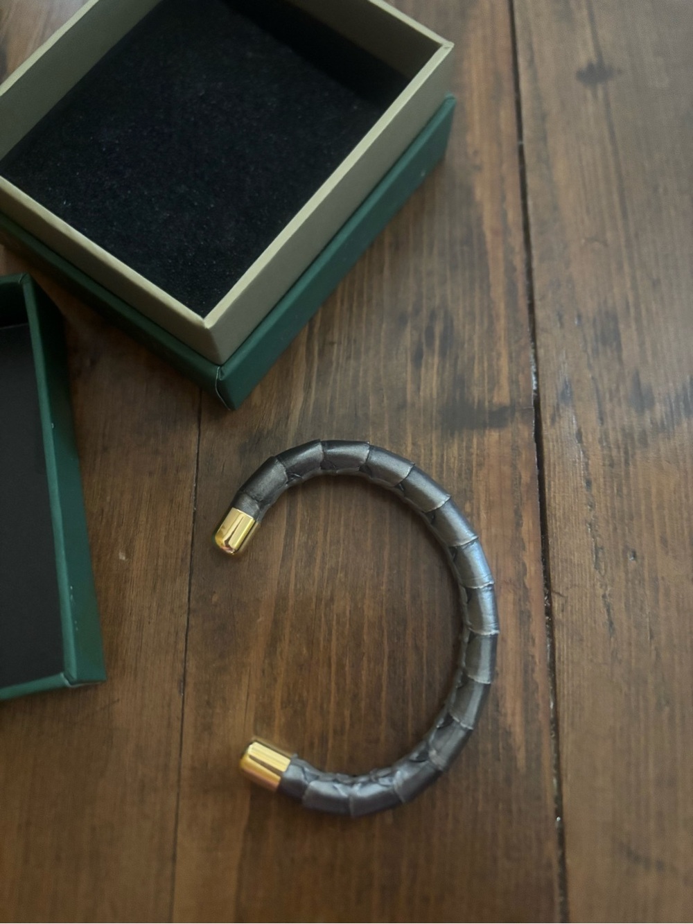 Rustic Cuff Leather Bracelet with Gold Ends - Gray